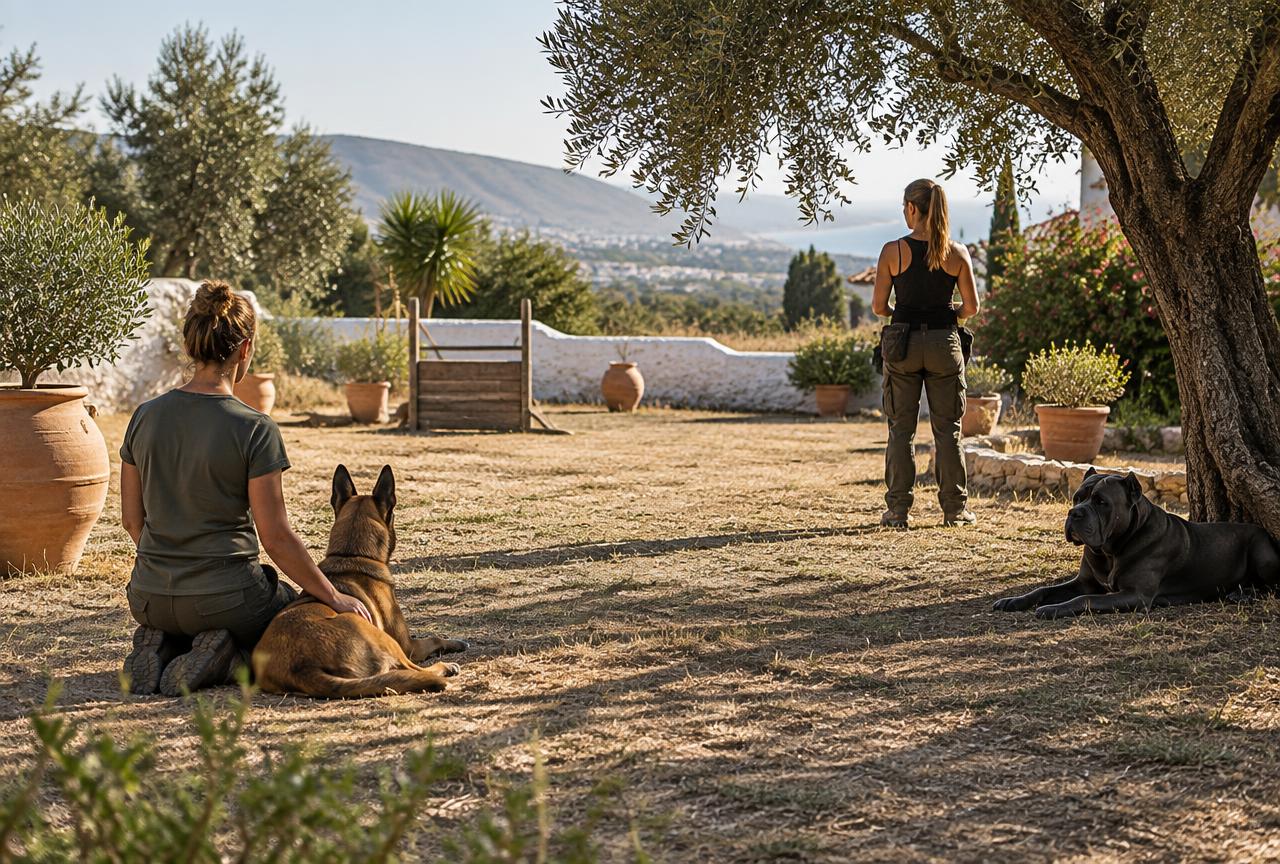 Dog trainers working with a Belgian Malinois and a Cane Corso in an Andalusian garden